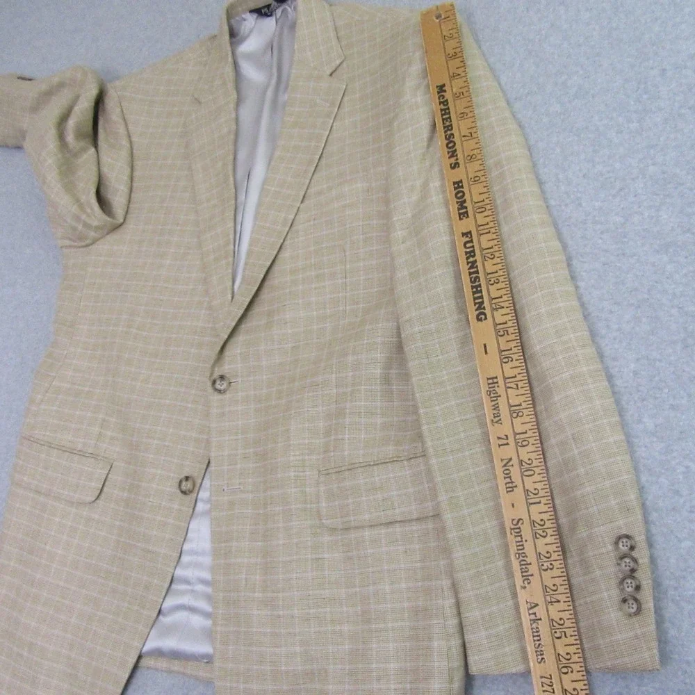 Jos A Bank Mens Sport Coat 43L Tan Windowpane‎ Check Linen Cotton Blazer